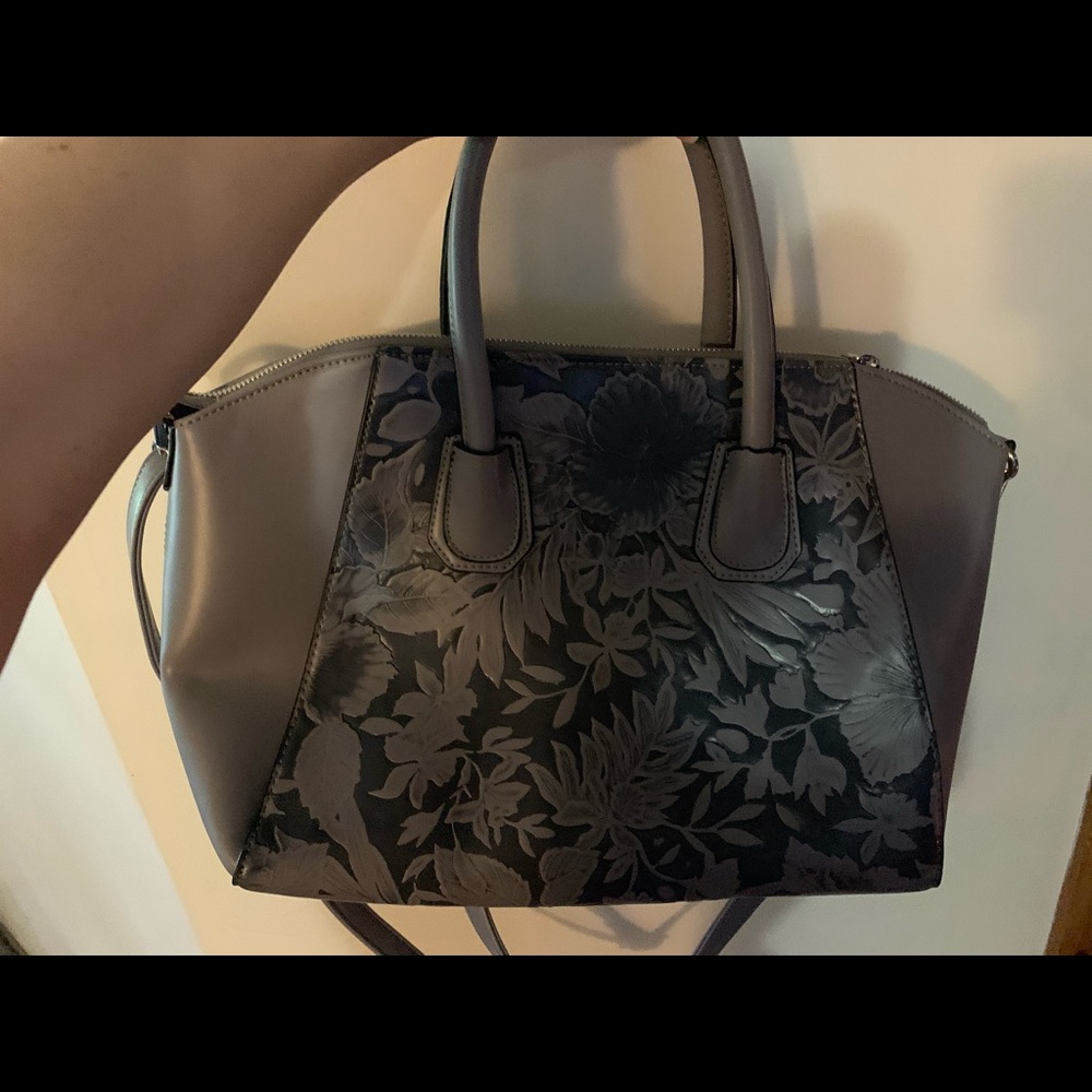 Embossed Blue Grey Floral Large Satchel Purse